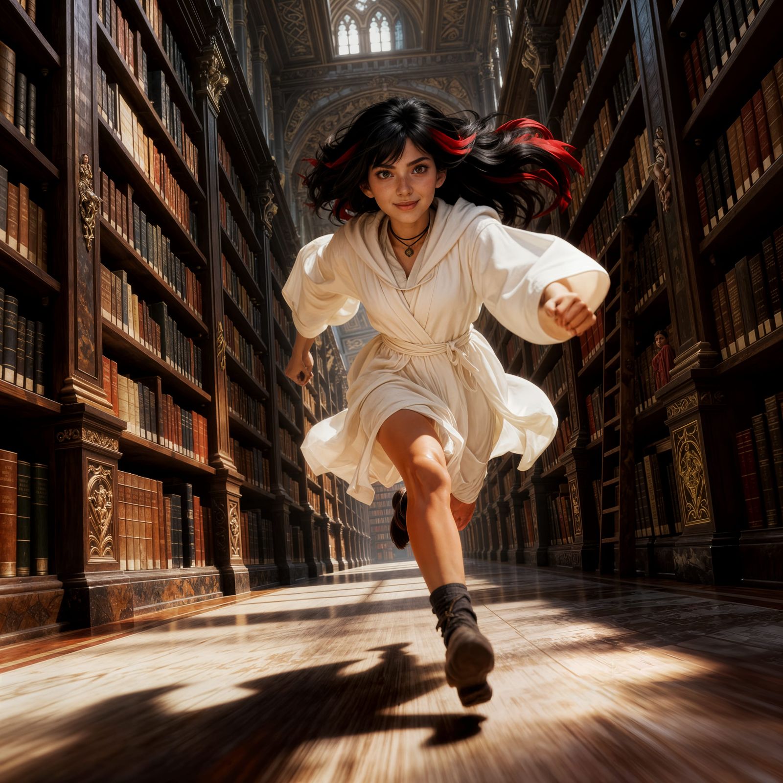 Young Woman Running Through Epic Library