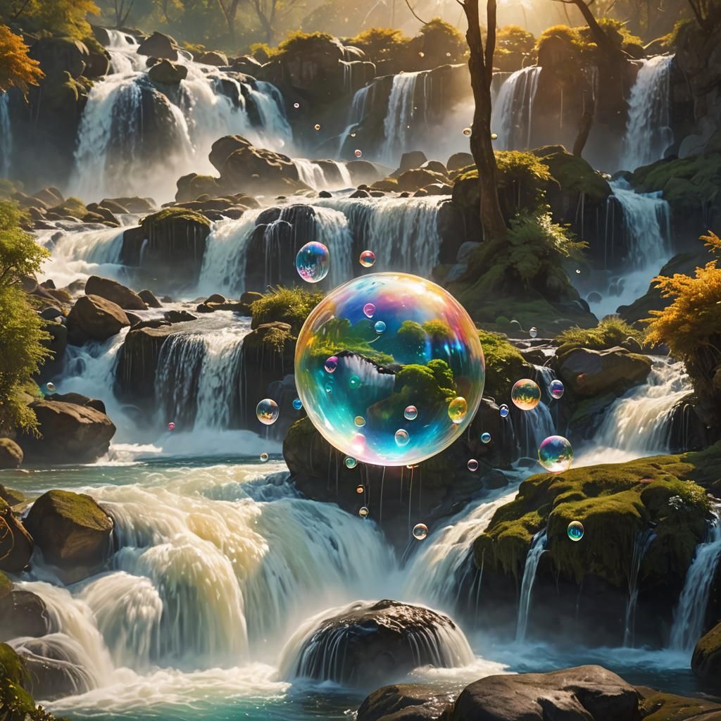Earth Bubble Descends Waterfall: Digital Matte Painting