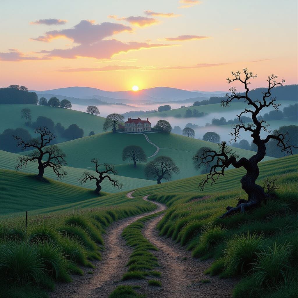 Ancient Country Landscape at Dusk in Pre-Raphaelite Style