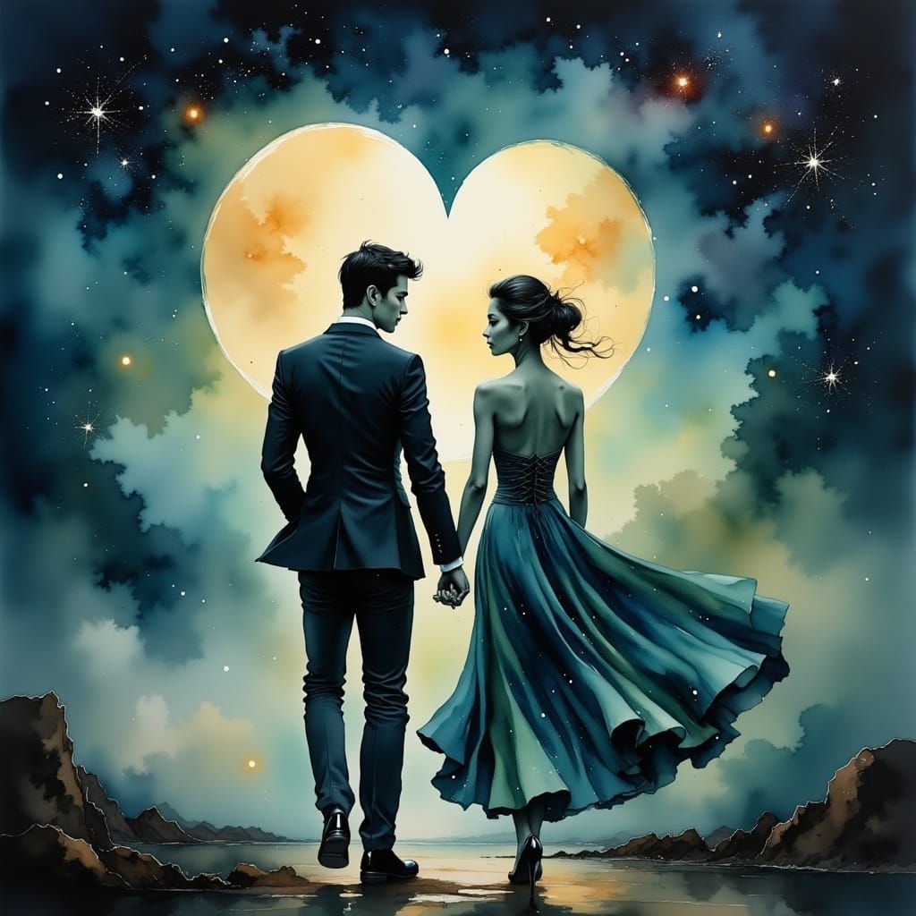 Romantic Couple Under Heart-Shaped Moon