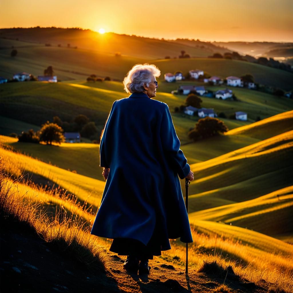 Silhouette Portrait of an Old Woman in Sunset Light