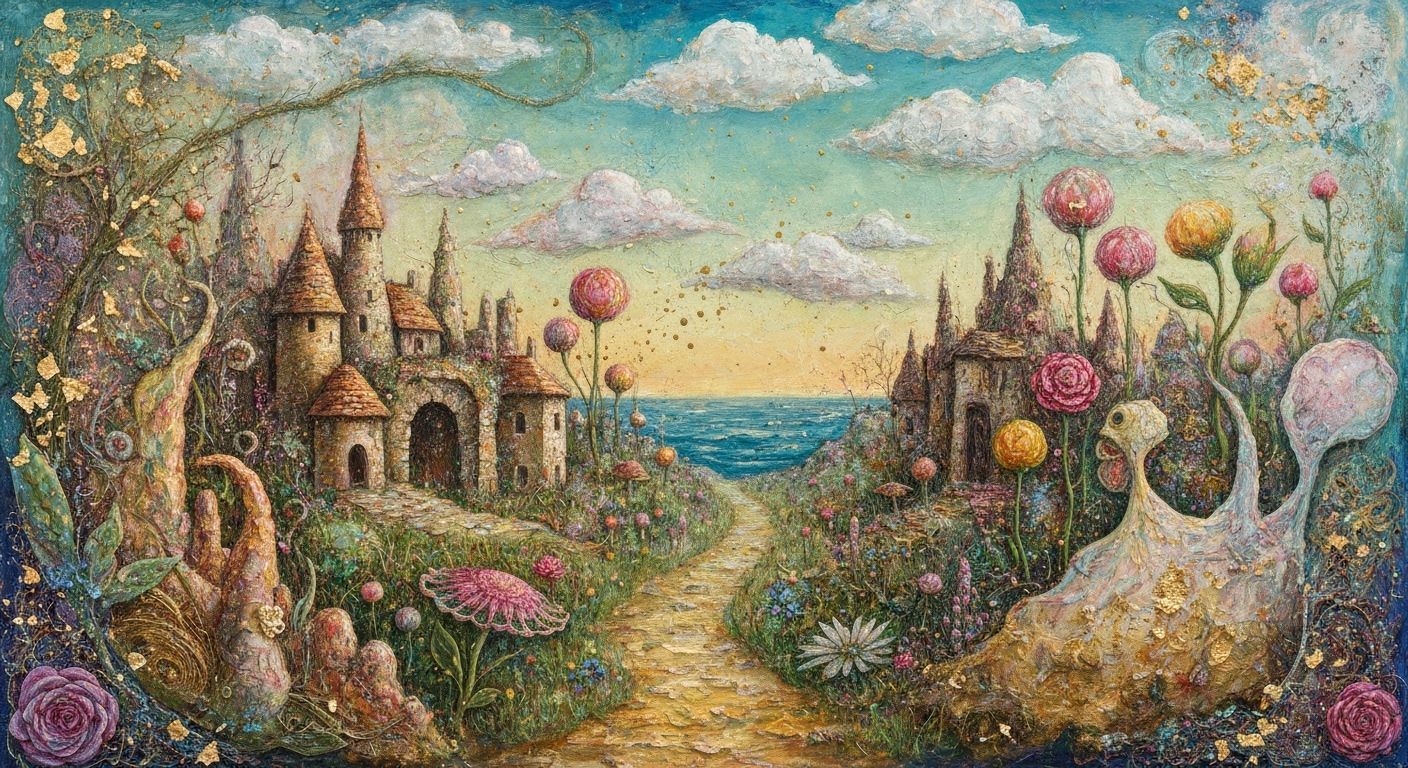 Surreal Dreamscape with Ancient Village, Mixed Media
