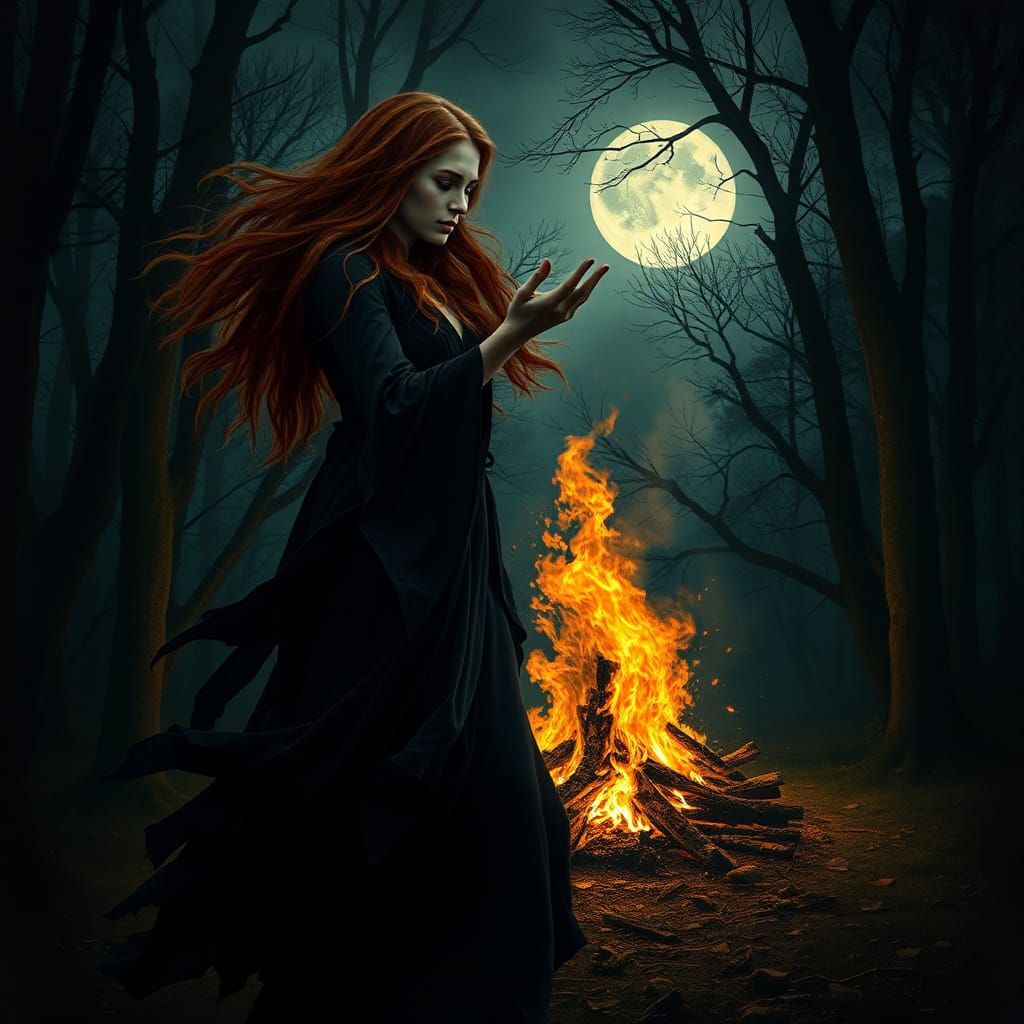 Auburn Witch Dancing by Bonfire in Chiaroscuro Style
