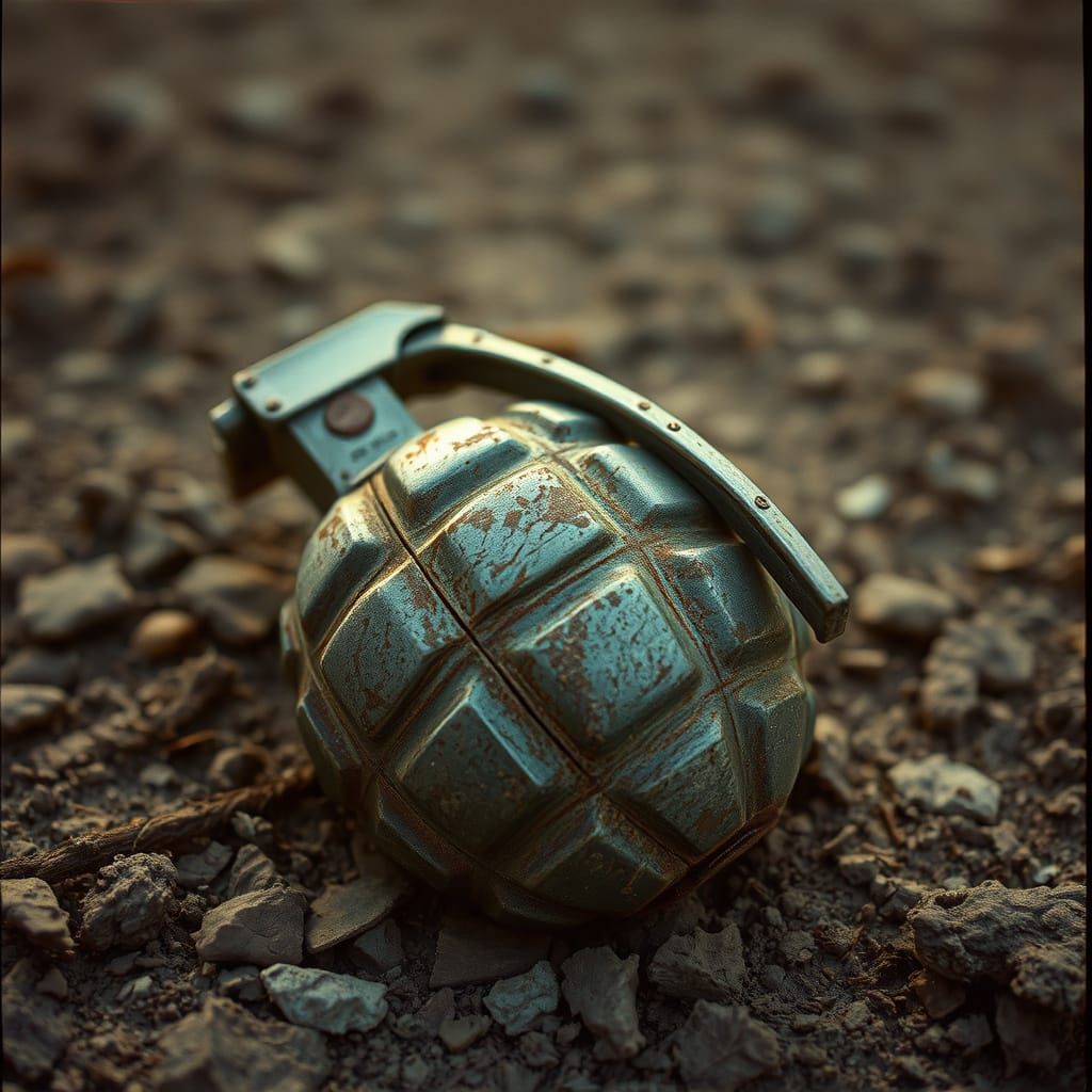 Rusty Hand Grenade in Cinematic Film Still