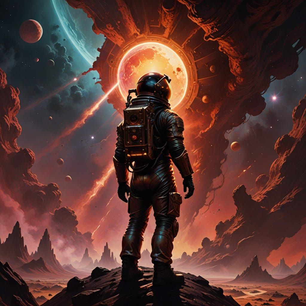 Astronaut on Alien Planet Gazing at Nebula in Dark Fantasy A...