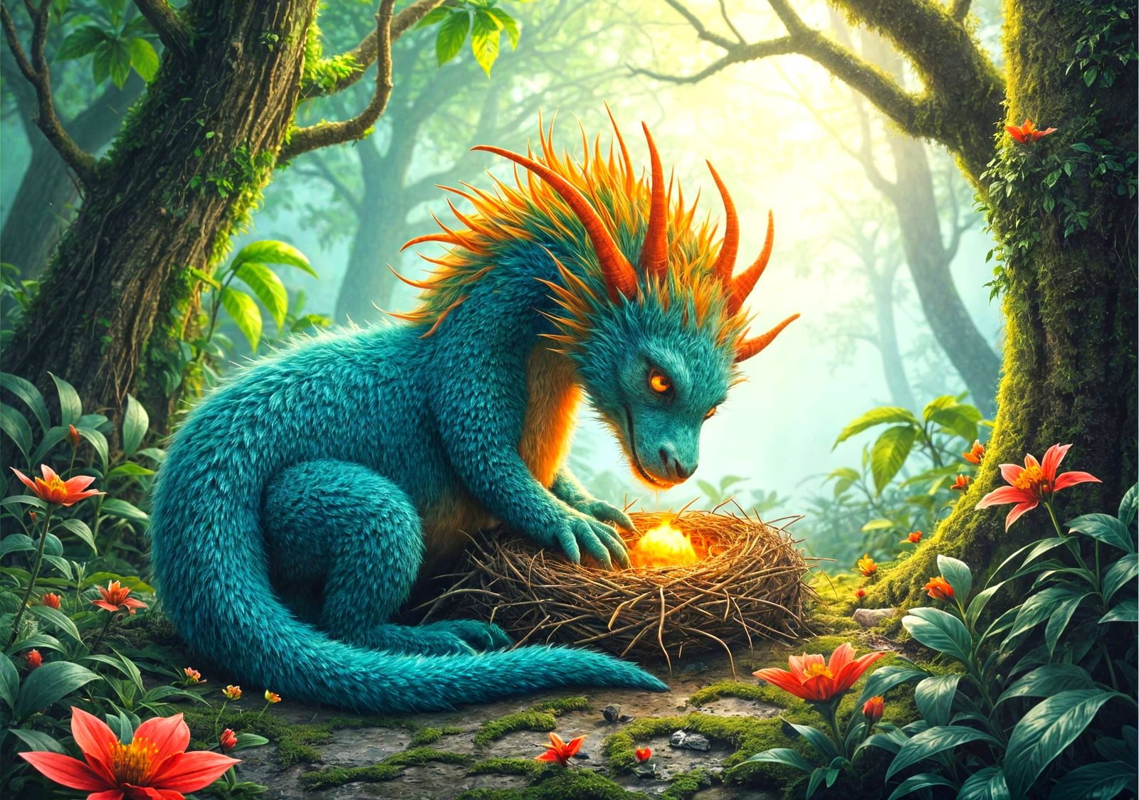 Floofy Dragon Tending Nest, Colored Pencil Drawing