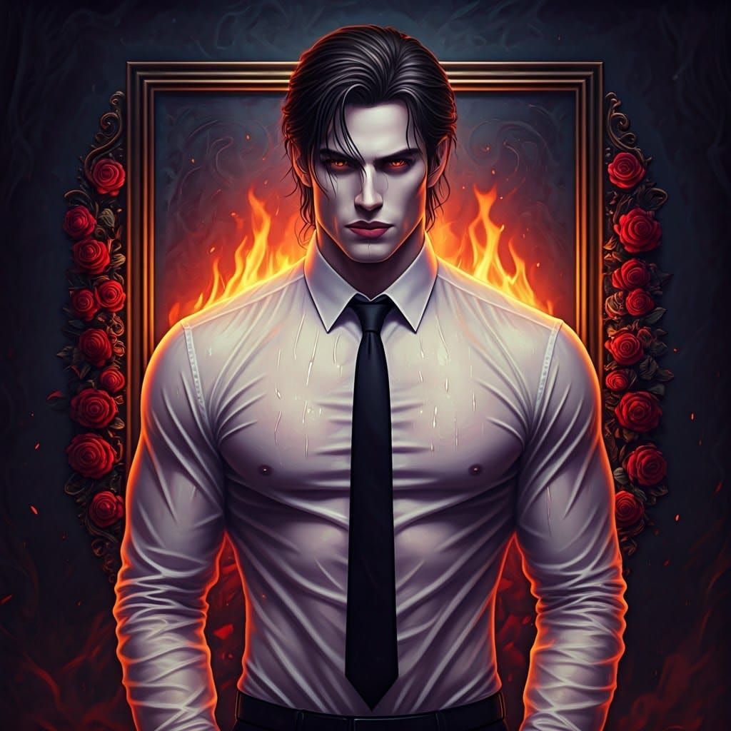 Captivating Vampire Man with Crimson Roses and Flames
