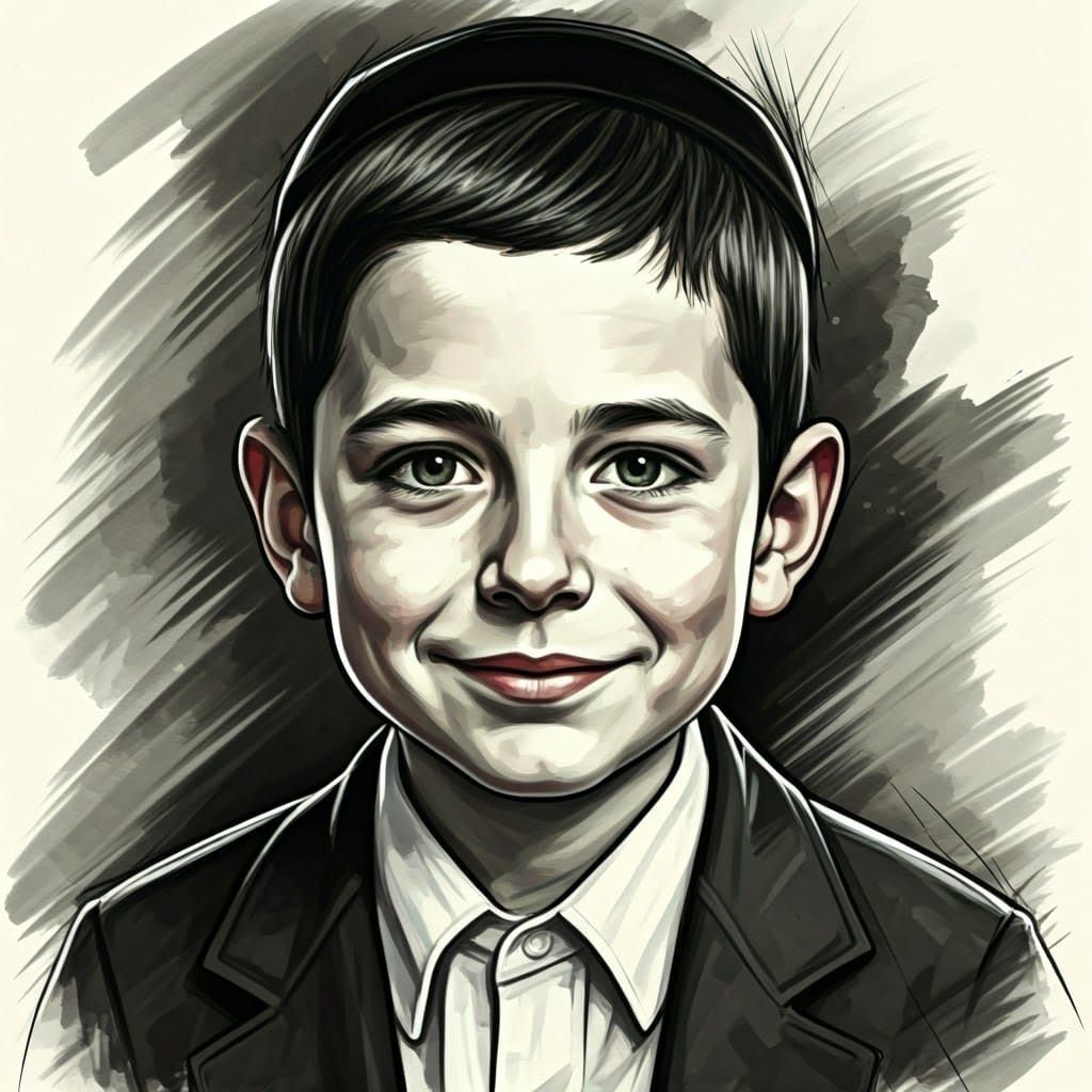 Hasidic Boy Portrait in Charcoal and Ink