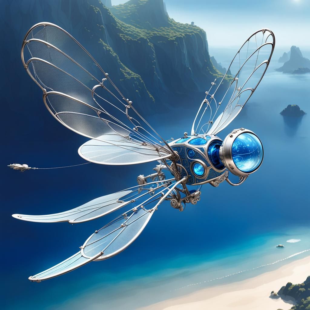 Gossamer Winged Flying Machine Over Blue Sea
