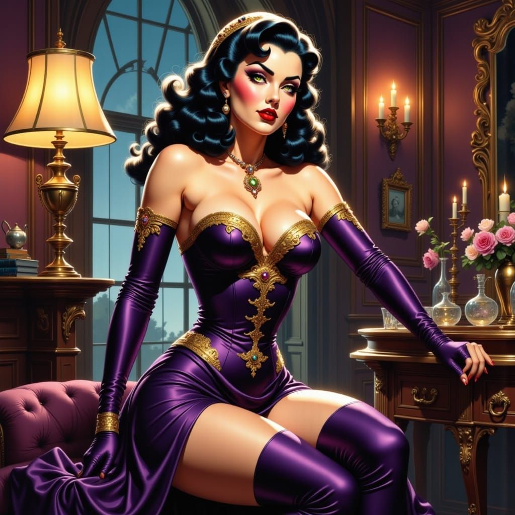 Mature Sorceress Queen in Dark Palace Pin-Up Style