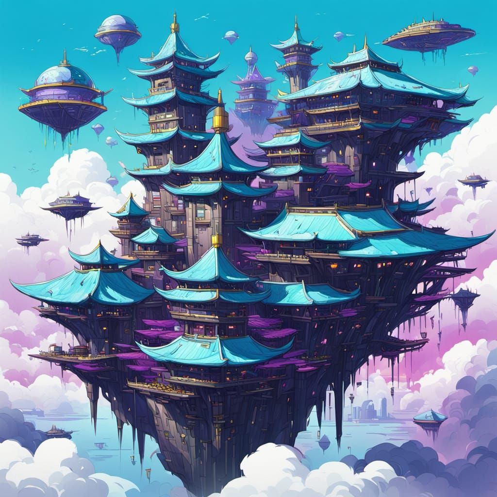 Vibrant Sky-Fortress Concept Art in Digital Style