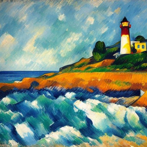 Lighthouse on Rocky Coast in Impressionist Style