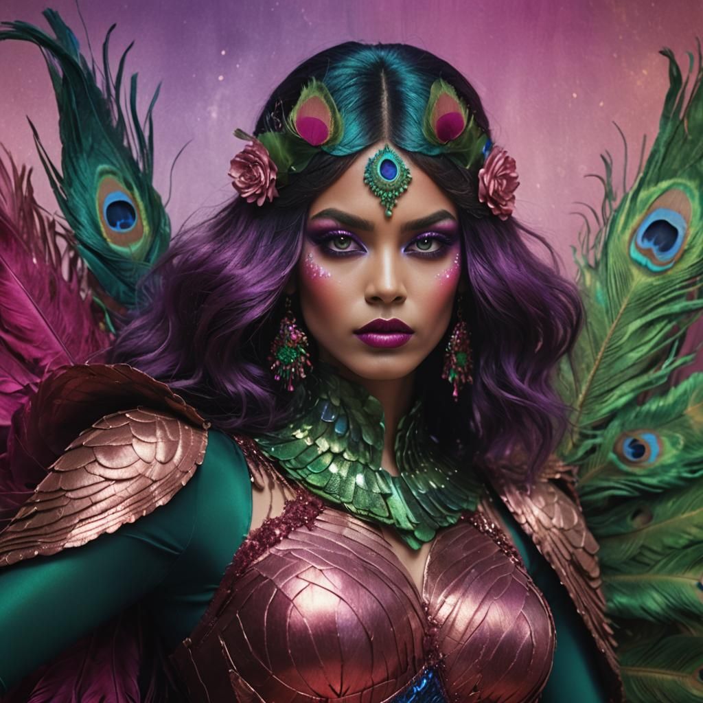 Peacock Woman Portrait in Maximalist Digital Art Style