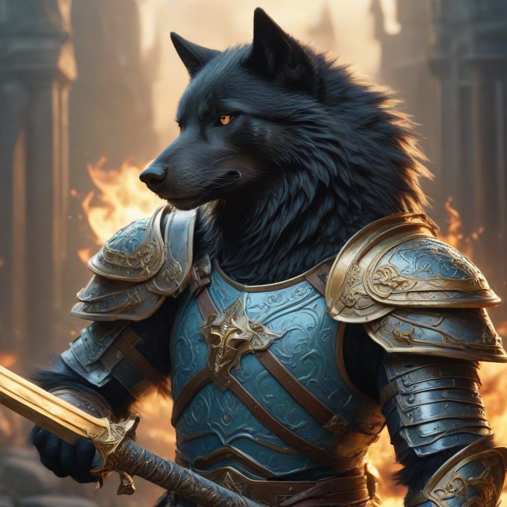 Epic Dark Fantasy Wolf Warrior in Light Blue Armour with Gol...