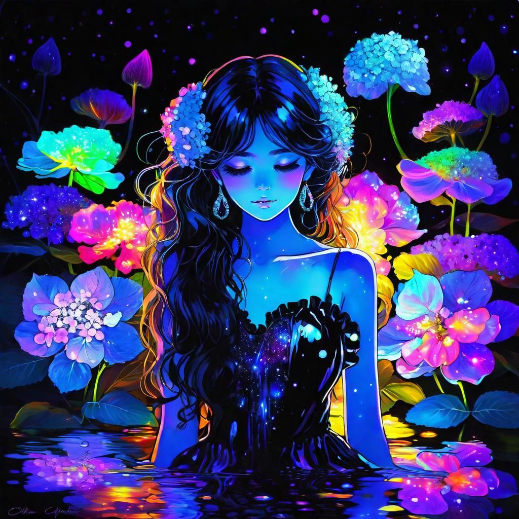 Anime Girl in Black Light Art with Hydrangea Jewelry