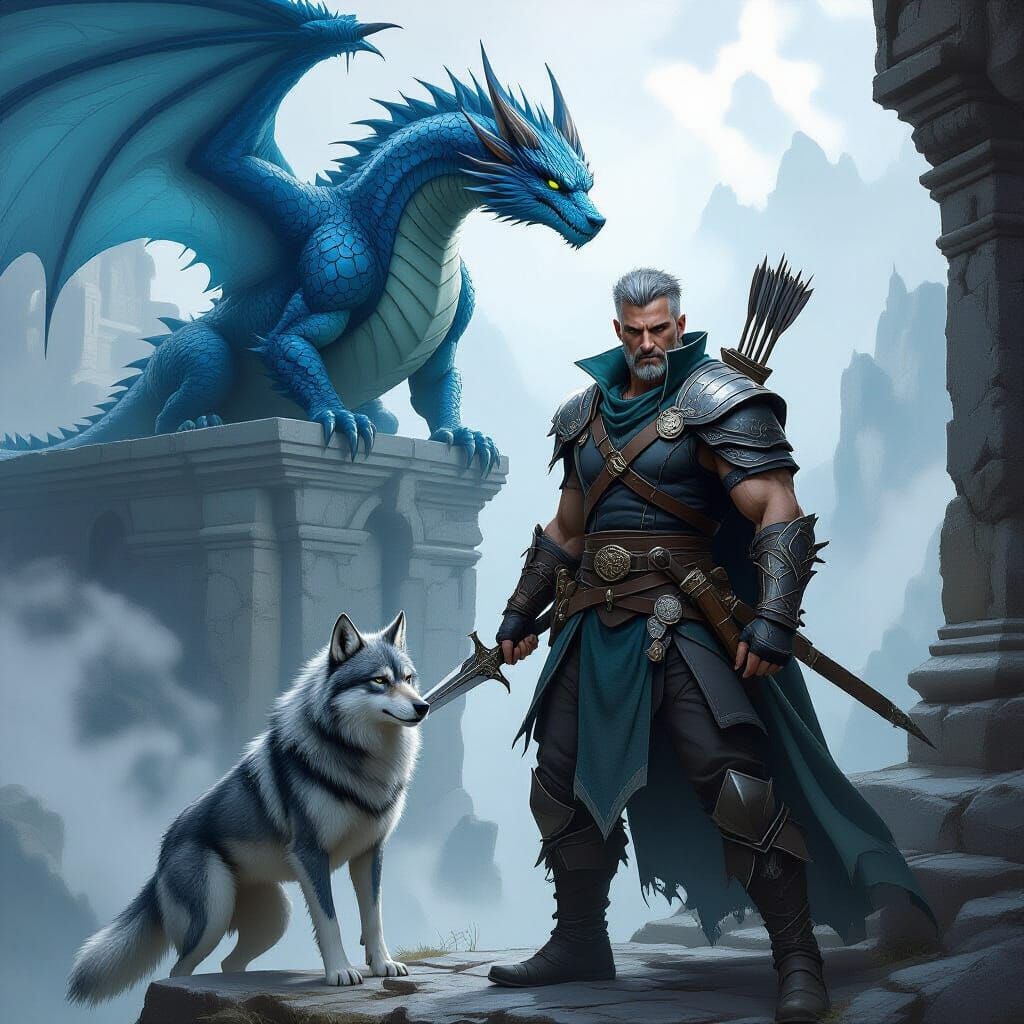 Rogue and Wolf Confront Dragon in Dark Fantasy Art