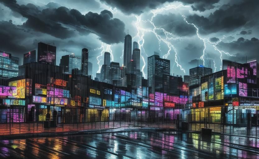 Minneapolis Cityscape in Lightning Storm, Van Gogh-Style