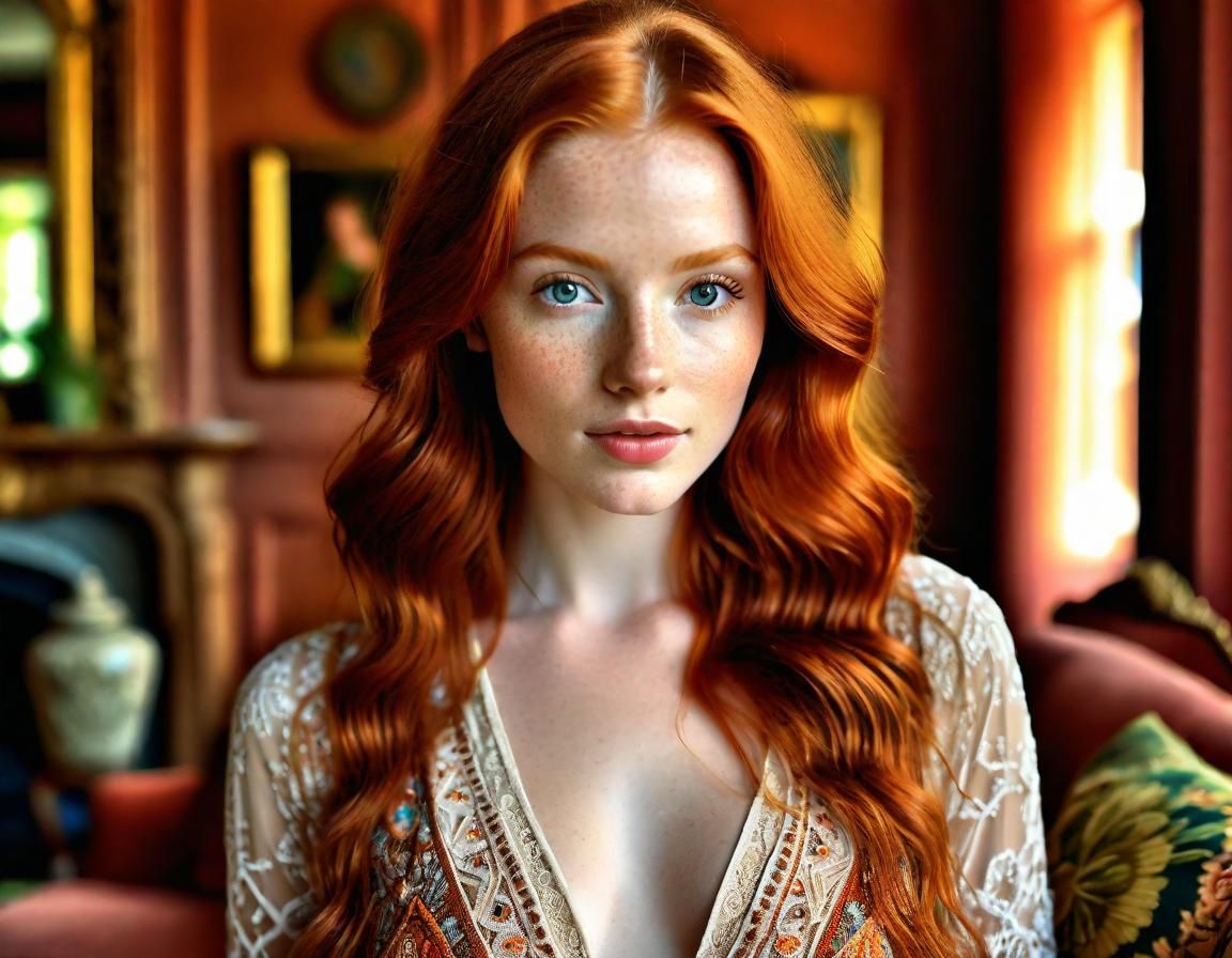 Hyperrealistic Redhead Portrait in Boho Living Room