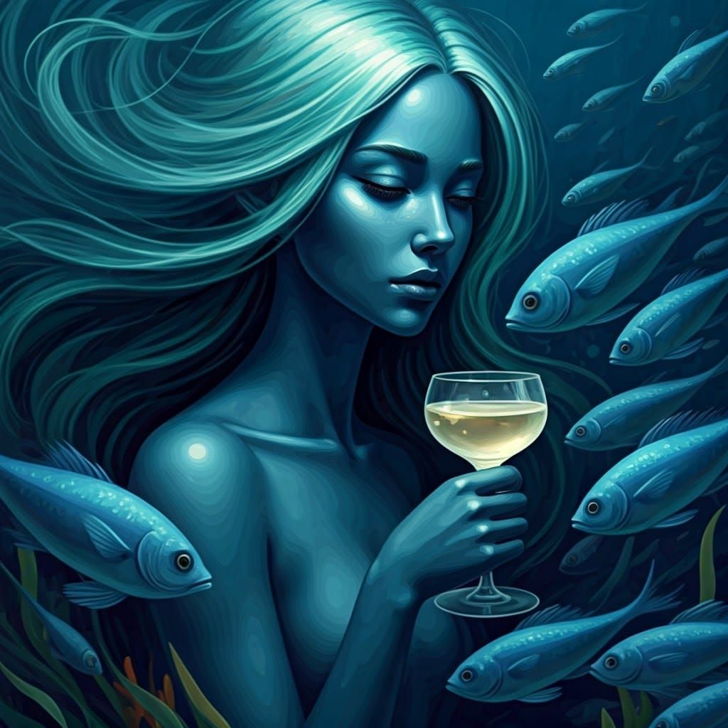 Surreal Underwater Goddess with Wine Glass in a Dreamlike Oc...
