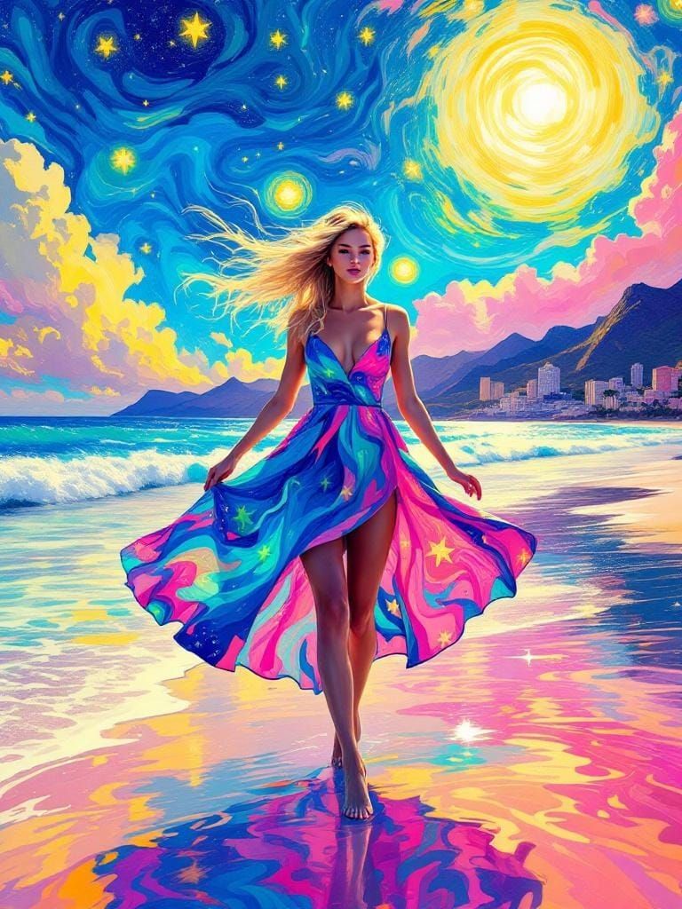 Surreal Beach Scene in Van Gogh and Hokusai Style