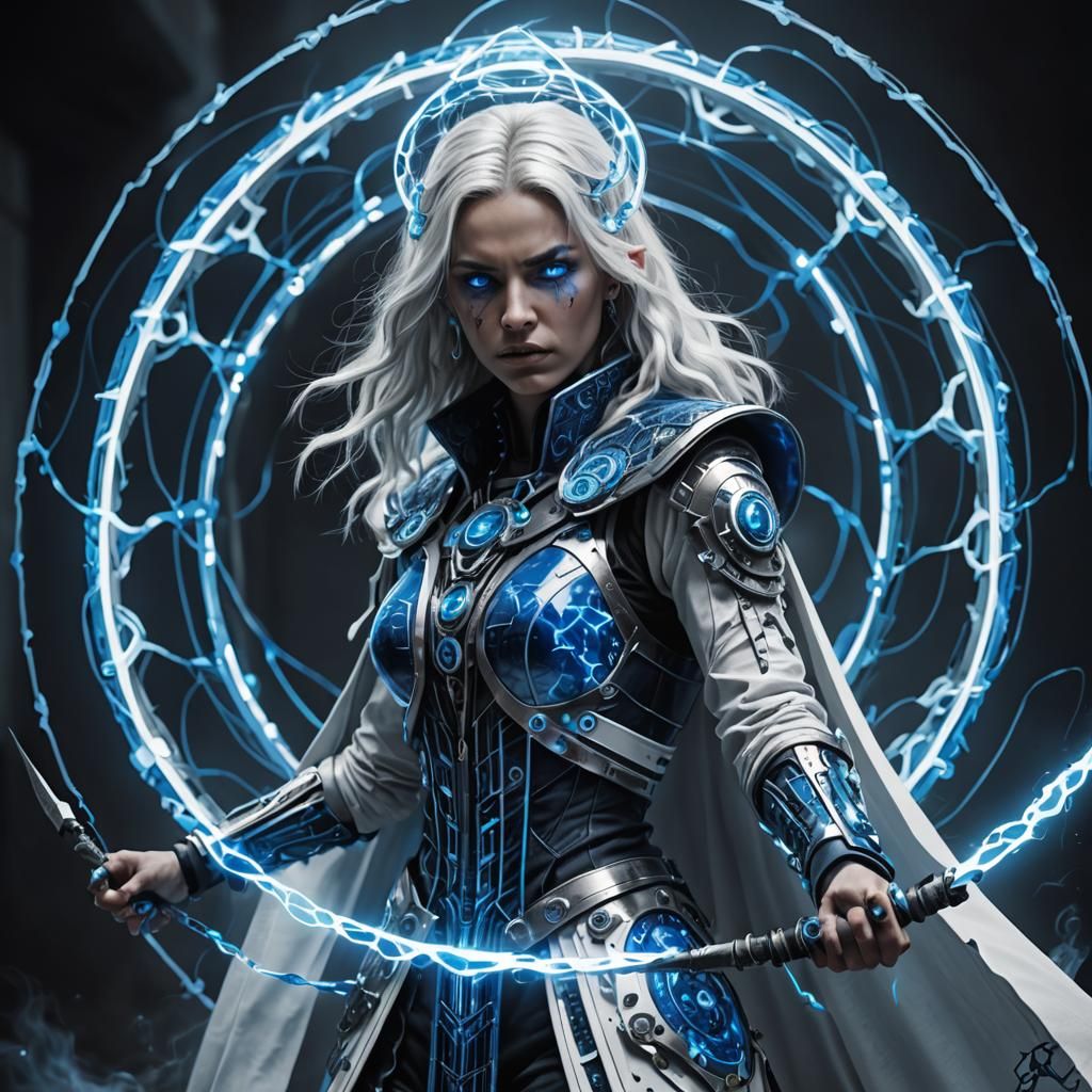 Futuristic Necromancer Weaving Spell in Electric Blue