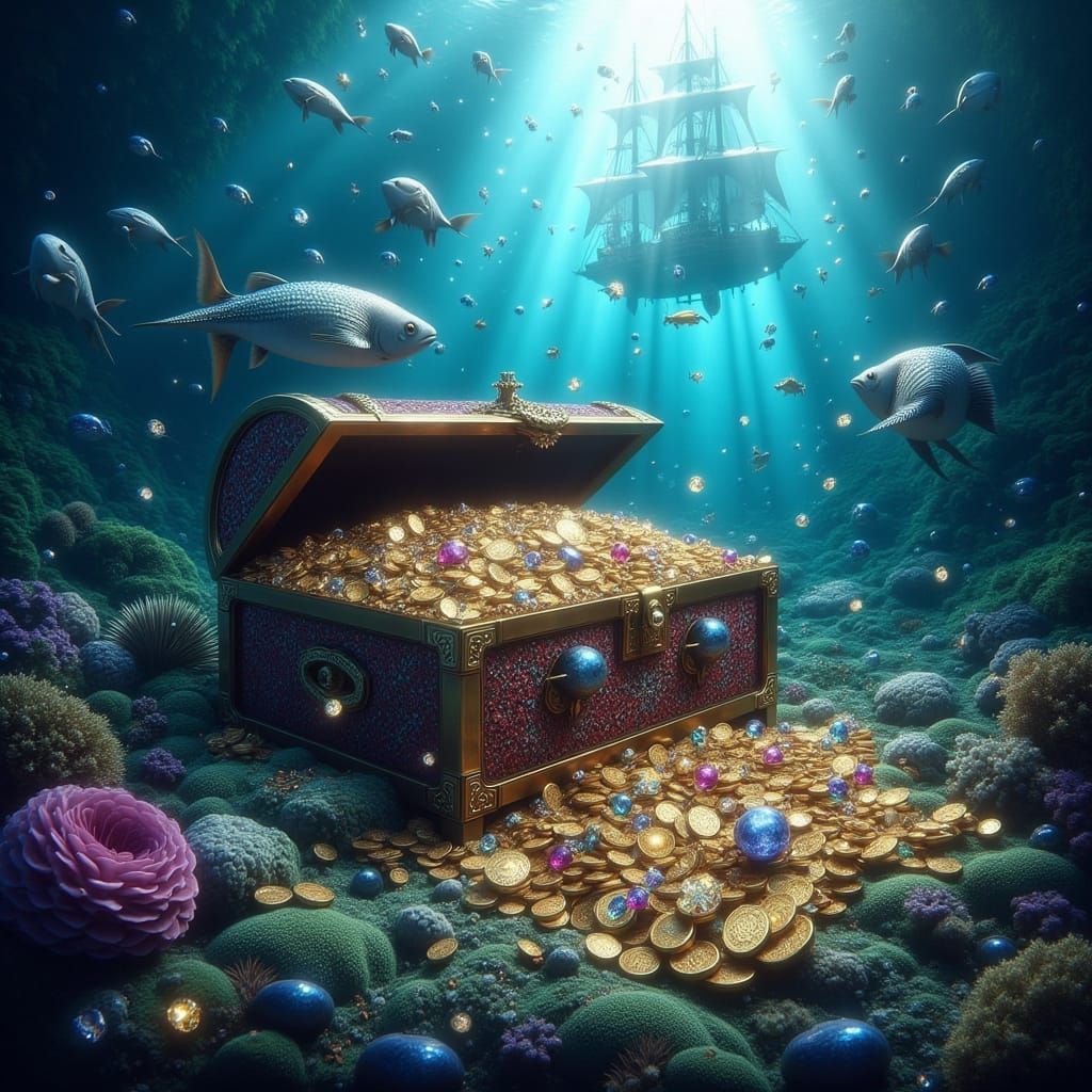 Sunken Treasure Chest Overflowing With Jewels on Seabed