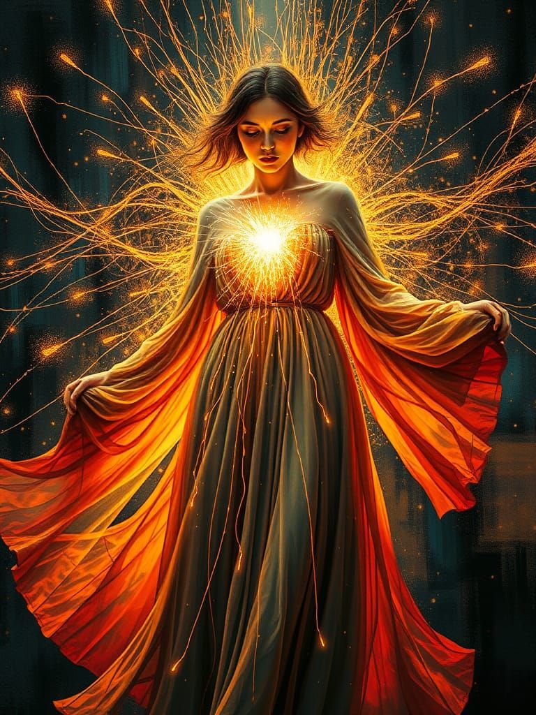 Woman with Light Bursting, String Art Graffiti