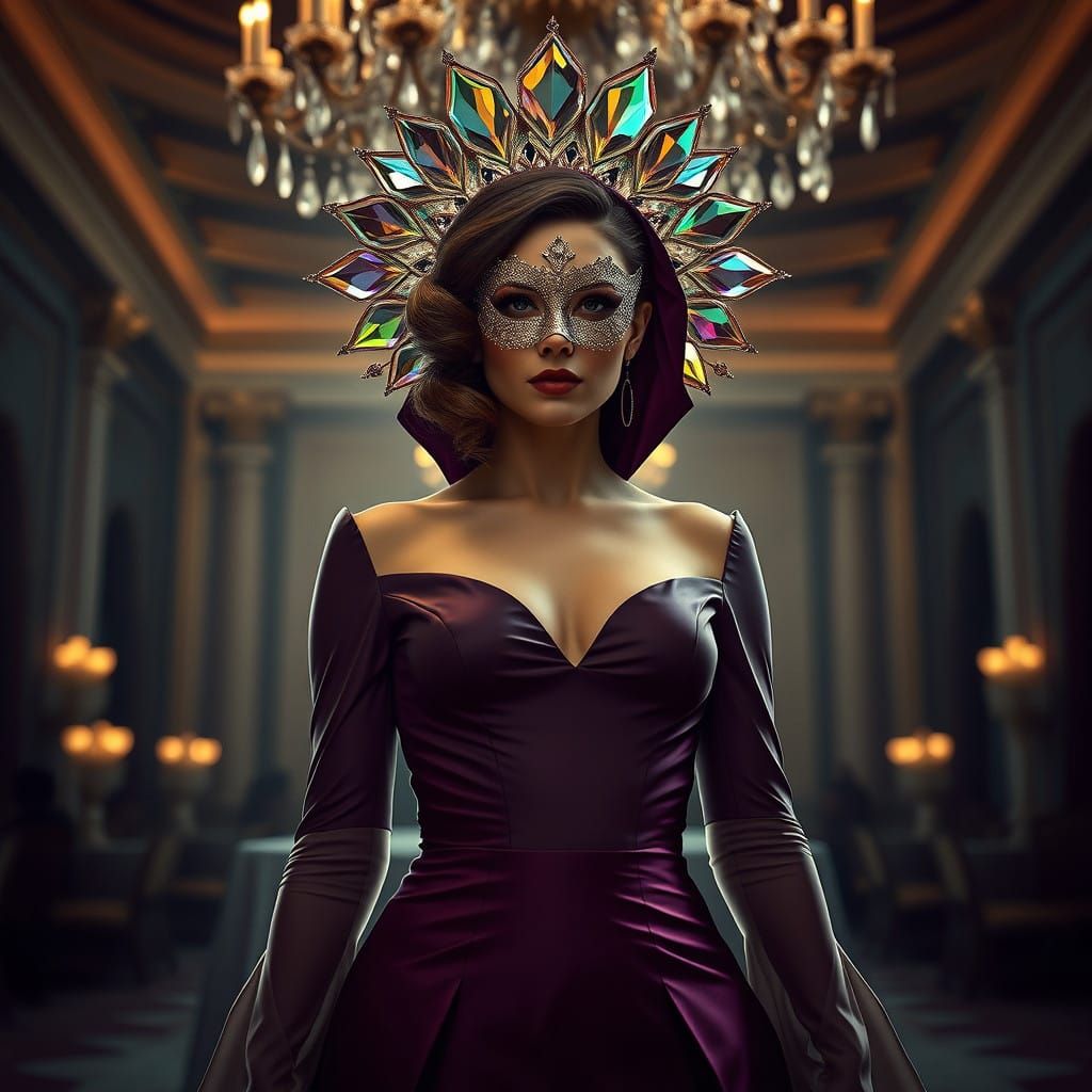 Elegant Woman in Opulent Ballroom Gown with Crystal Hood