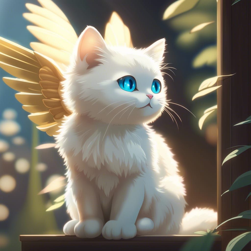 Winged Kitten in Anime Style, Digital Art