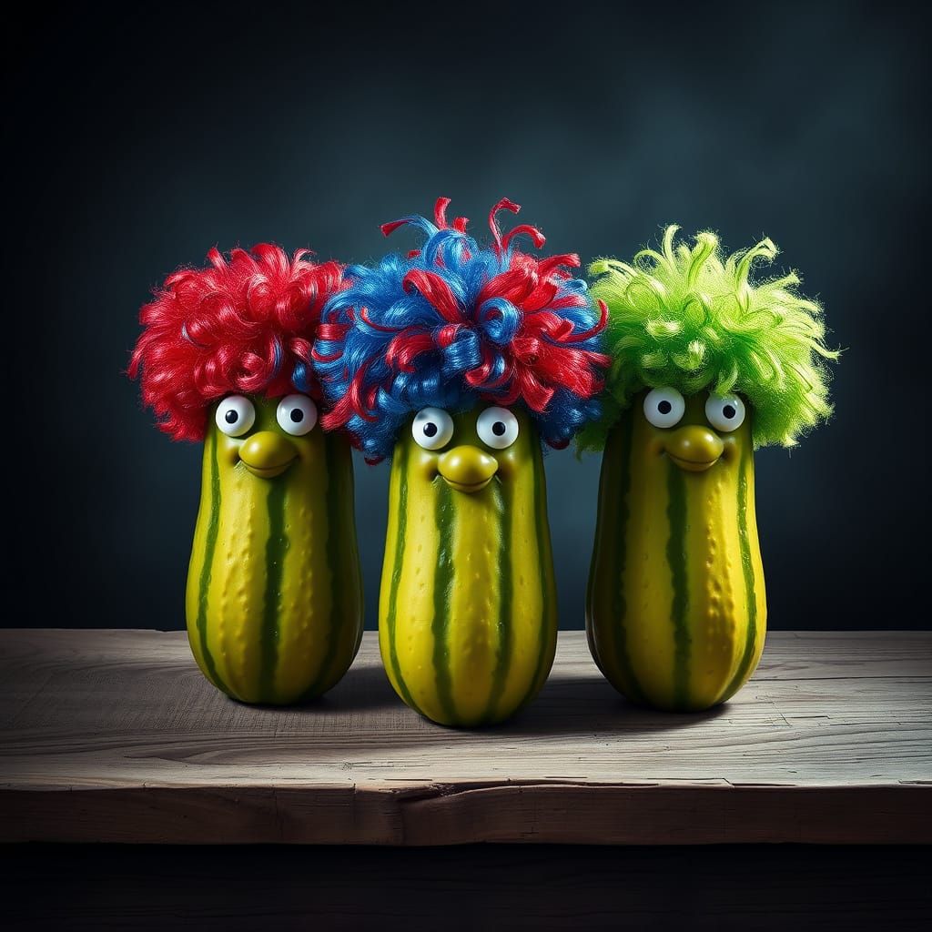 Playful Pickles Showcase Vibrant Wigs on Wooden Table