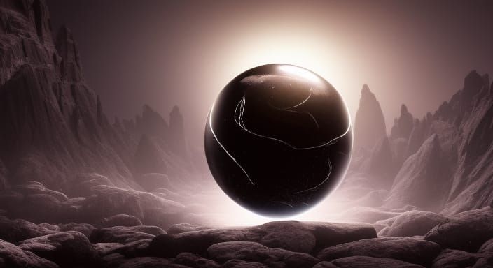 Ethereal Obsidian Orb in Alien Landscape: CGI Art