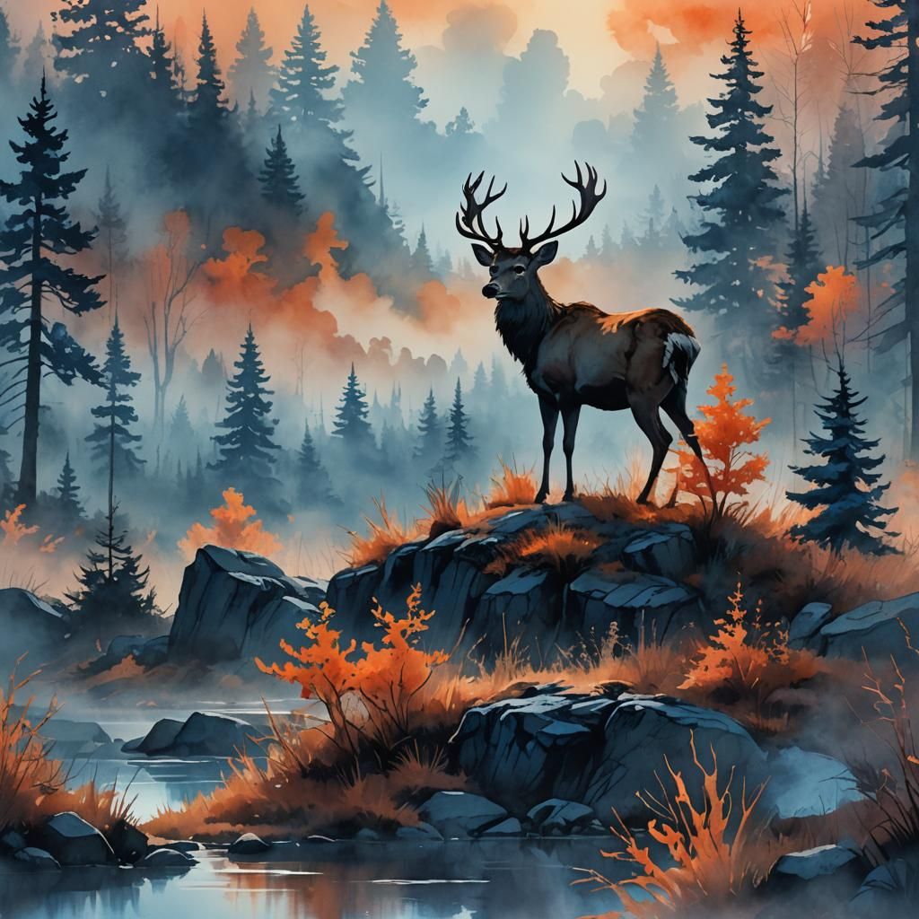 Majestic Deer in Vibrant Watercolor Landscape