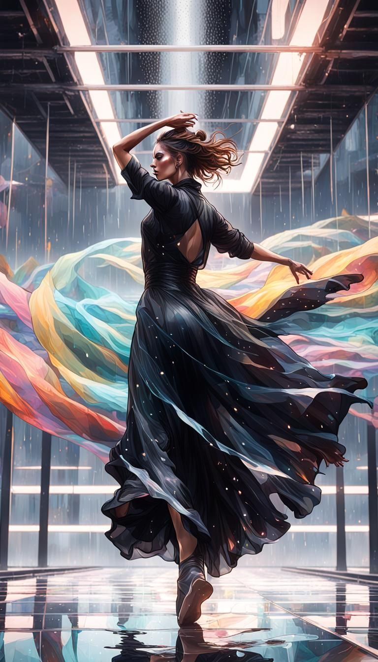 Dancer Reflected on Glass Floor in Rain, Hyperdetailed Art