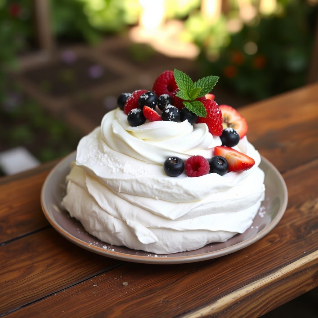 Summer Pavlova Dessert in a Rustic Setting