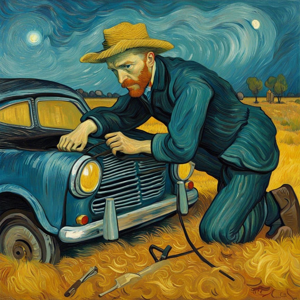 A vincent van gogh painting of vincent van gogh fixing a car