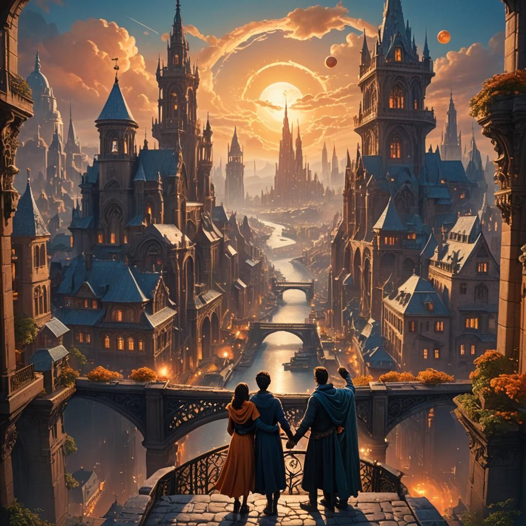 Fantastical Cityscape: Friends Embracing in Golden Light