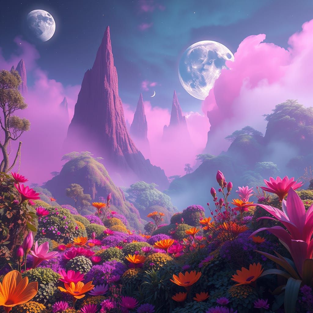 Mystical Landscape with Vibrant Flora