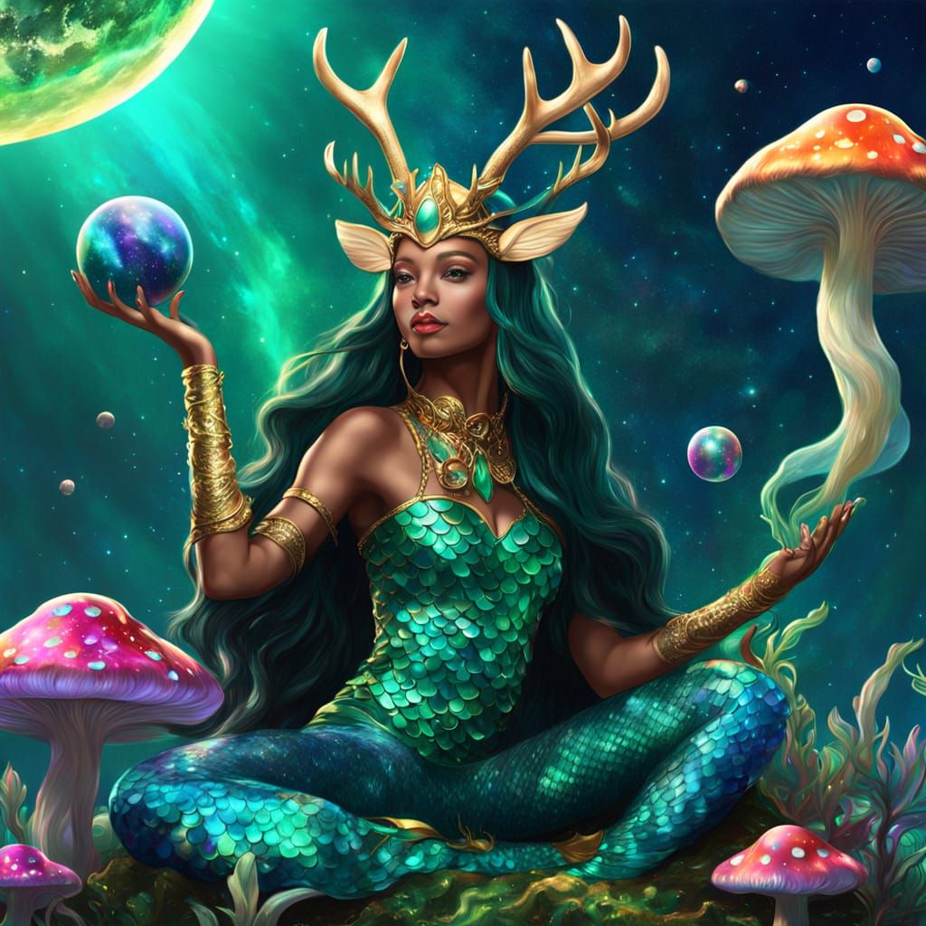 Space Mermaid with Antlers on Mushroom Planet