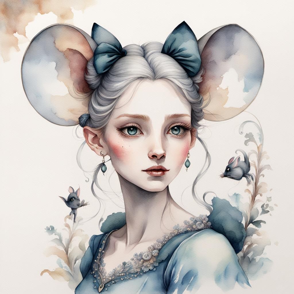 Magical Mouse-Girl Portrait in Watercolor Style
