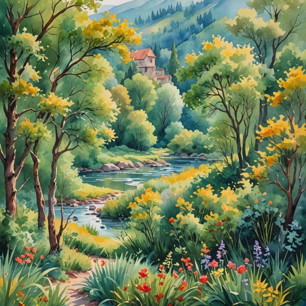 Gouache Style Watercolor Landscape Painting