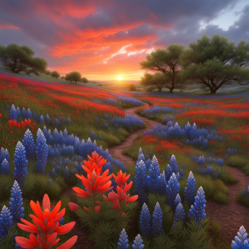 Bluebonnets and Indian Paintbrush Flowers at Sunset