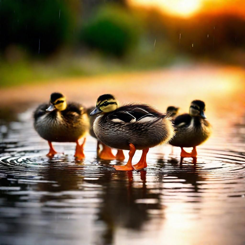 Ducklings Swimming in Rainy Sunset Puddle