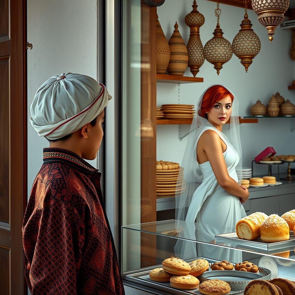 Moroccan Boy and Redhead in Oriental Pastry Shop