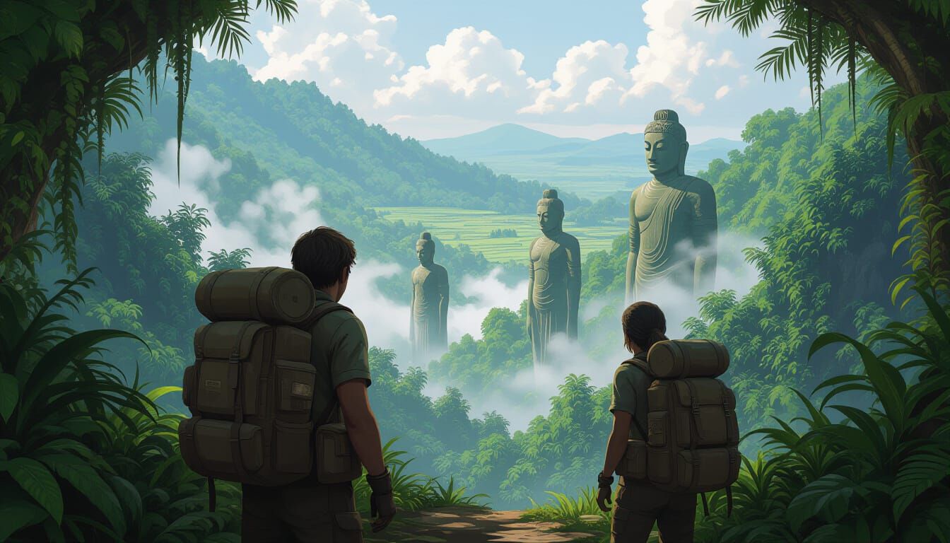 Explorers Discover Misty Ancient Statues in Lush Jungle