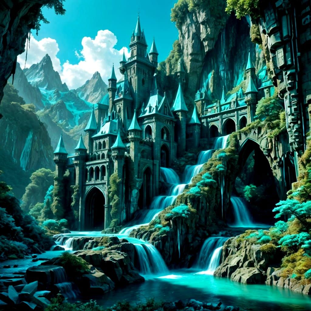 Turquoise Castle Landscape with Waterfalls and Forests