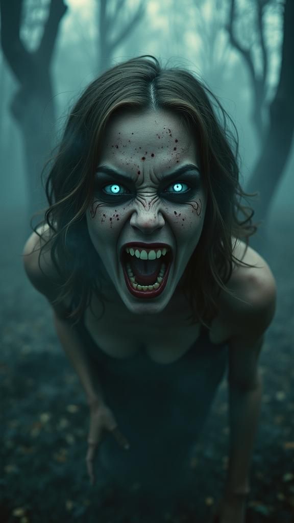 Demonic Woman with Glowing Eyes in Misty Forest
