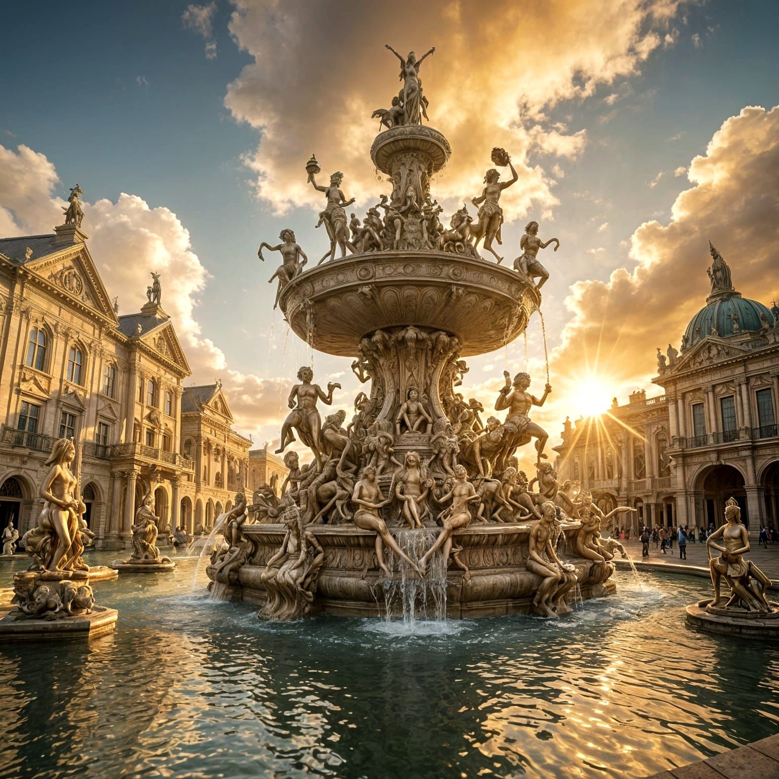 Baroque Fountain with Surreal Sculptures and Golden Light