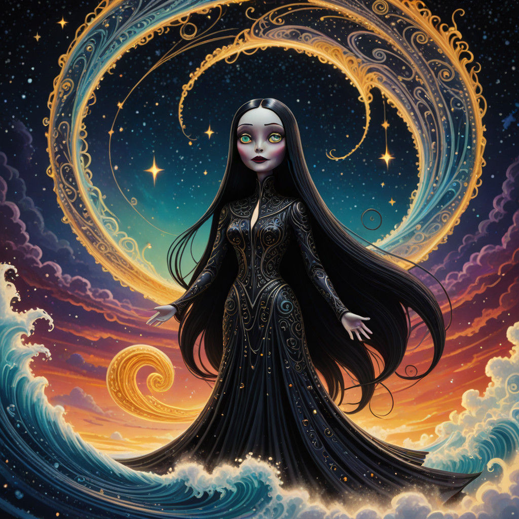 Kawaii Morticia Addams Surfer Blends Cosmic Chic with Whimsi...