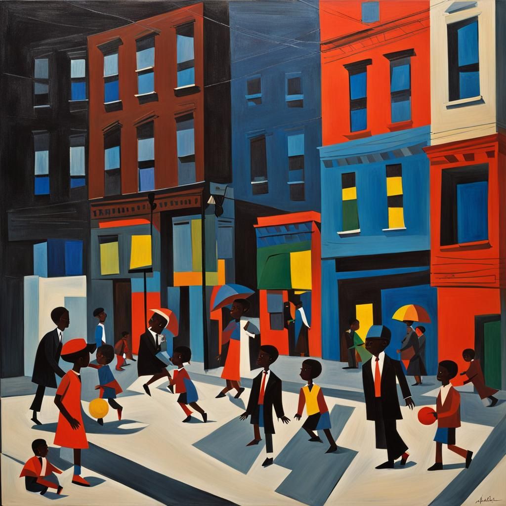 Harlem Night Scene in Cubist Style