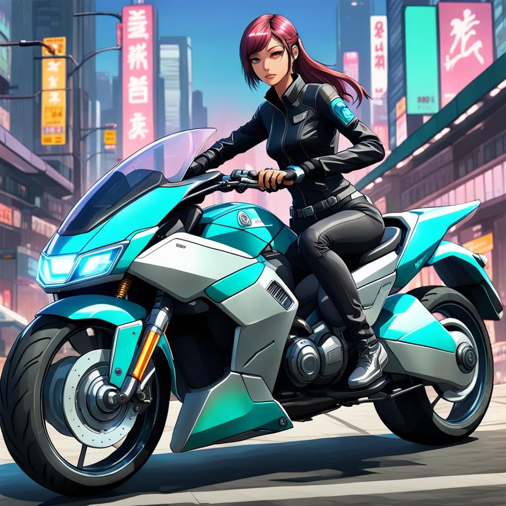 Sci-Fi Anime Girl on Futuristic Motorcycle